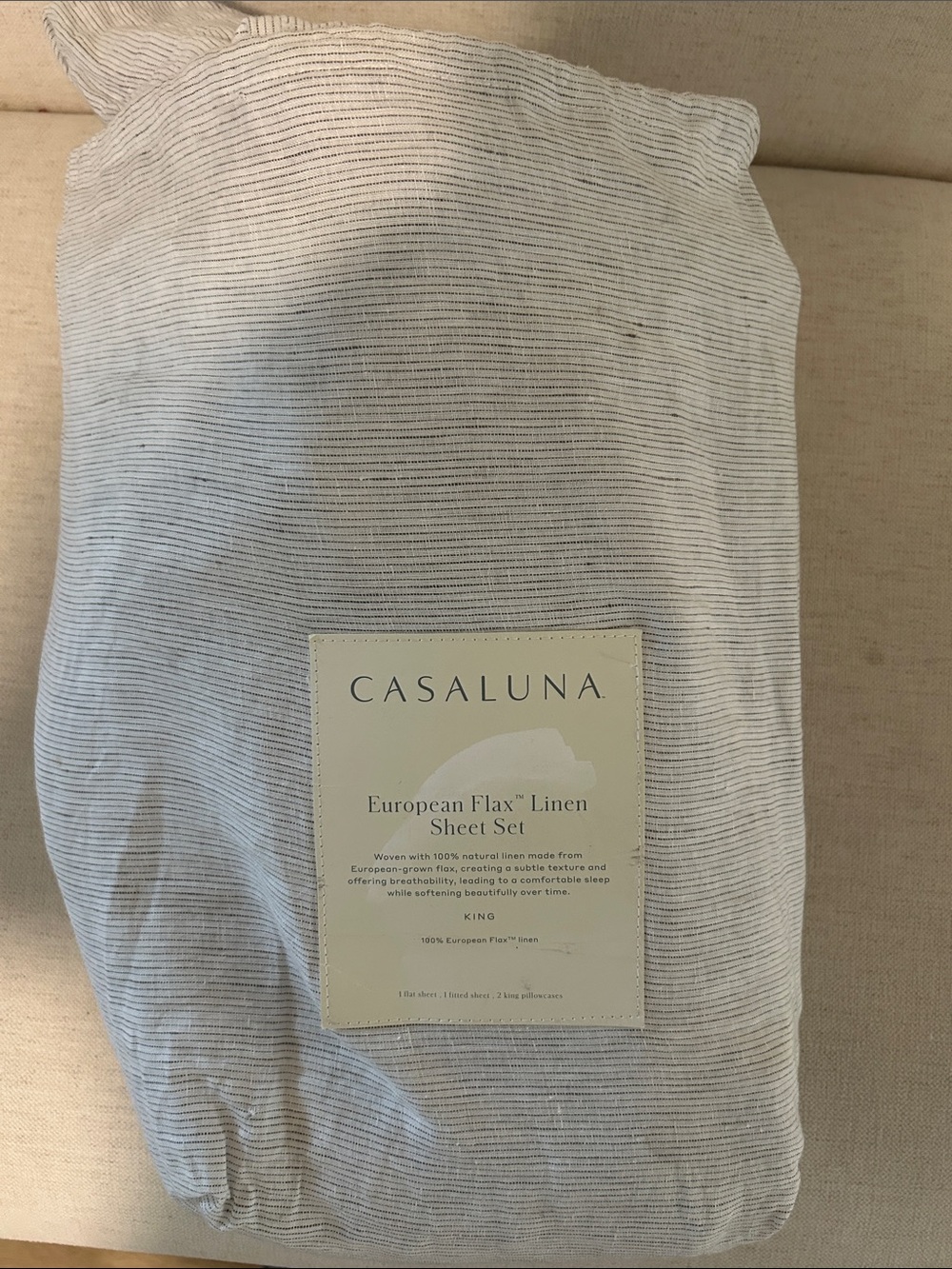 Casaluna 100% Linen SheetS Gray Micro Stripe, FLAT & FITTED SHEET, KING, NWT